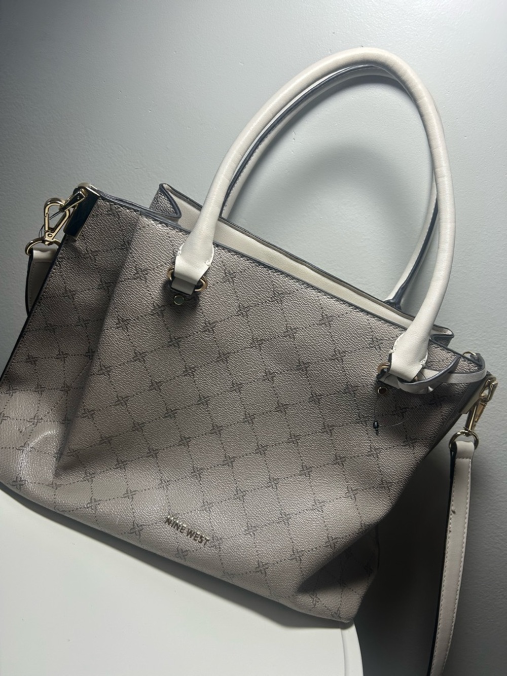 Nine West Taupe Patterned Satchel with White Handles and Gold Hardware